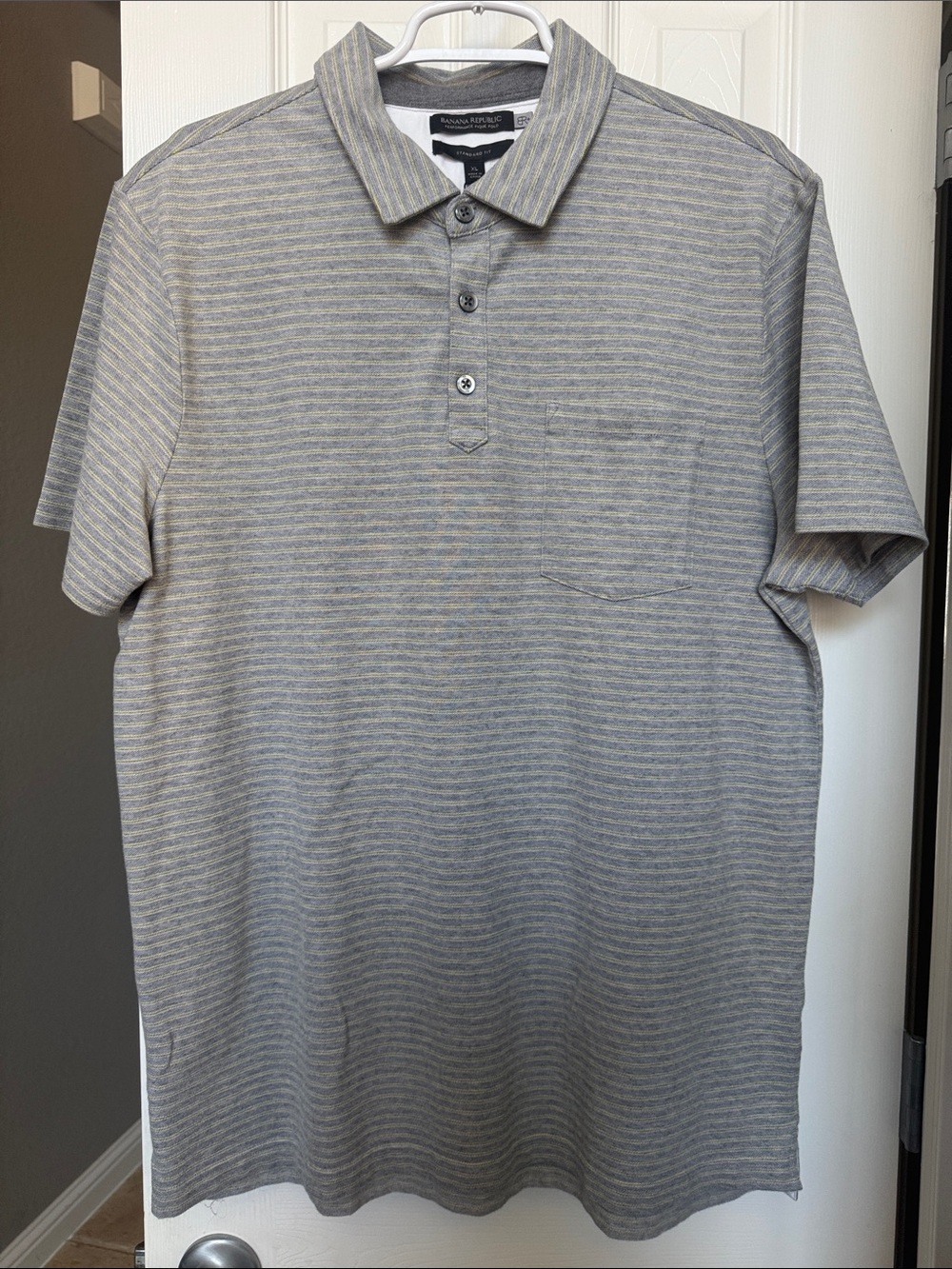 Banana Republic Men's Gray and Pale Yellow Striped Polo